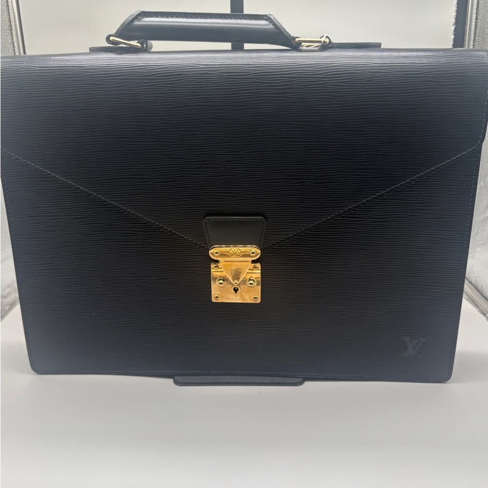 Louis Vuitton Epi Serviette Fermoir Briefcase Black Leather Gold Lock